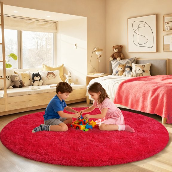 ASPILLOW Fluffy Circular Rugs,6ft Red Soft Fuzzy Plush Indoor Round Carpets for Bedroom Living Room Kids Room Nursery