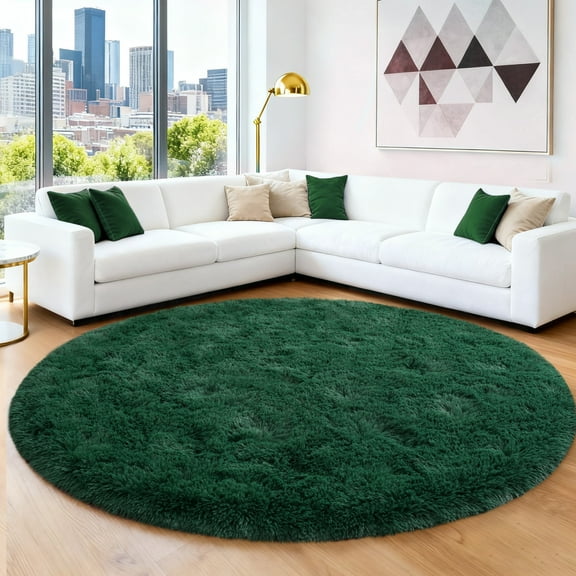 ASPILLOW Fluffy Circular Rugs,6ft Soft Fuzzy Plush Indoor Round Carpets for Bedroom Living Room Kids Room Nursery,Dark Green