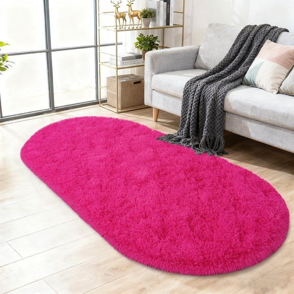 ASPILLOW Oval Fluffy Area Rugs for Kids Room Plush Shaggy Carpet for Bedroom Bedside Nursery Mats, 2.6' x 5.3', Rose red