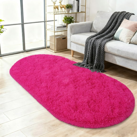 ASPILLOW Fluffy Oval Rugs for Bedroom,Non-Slip Ultra Soft Shaggy Carpet for Girls Room Dorm Living Room Home Decor,2.6x5.3ft Rose Red