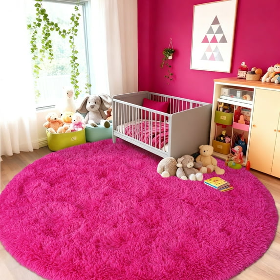 ASPILLOW Fluffy Round Rug for Room,7ft Non Skid Plush Indoor Nursery Home Decor Rug,Modern Shaggy Fuzzy Rugs for Living Room,Rose Red