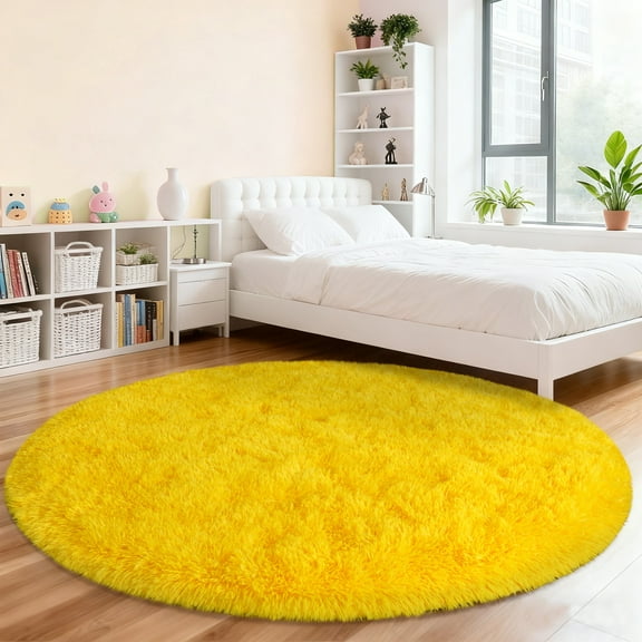 ASPILLOW Fluffy Round Rugs,5ft Yellow Super Soft Shaggy Fluffy Circular Carpets for Kids Girls and Boys, Dorms, Nursery Rooms, Home Decor