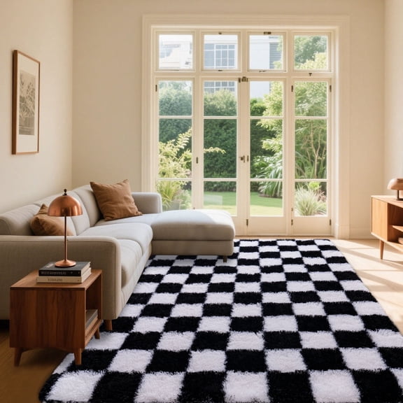 ASPILLOW Fluffy Checkered Rug, 5x7ft Plush Shag Rugs, Soft Washable Area Carpet for Bedroom Living Room Bedside in Black and White