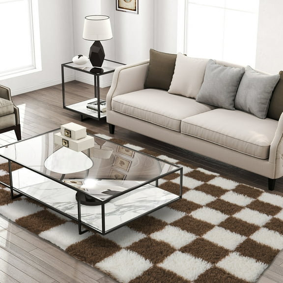 ASPILLOW Fluffy Rug,5x7 Shag Soft Checkered Rugs,Non-Slip High Pile Carpet for Bedroom Bedside Living Room,Cream White and Coffee