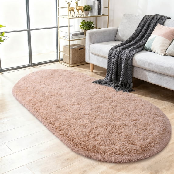 ASPILLOW Oval Fluffy Area Rugs for Bedroom Plush Shaggy Carpet for Kids Room Bedside Nursery Mats, 2.6' x 5.3', Camel