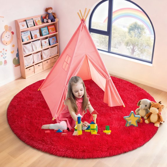 ASPILLOW Fluffy Shaggy Bedside Round Rug,Fuzzy Plush Indoor Floor Circular Carpet for Living Room Bedroom Kids Room Nursery,4ft Red