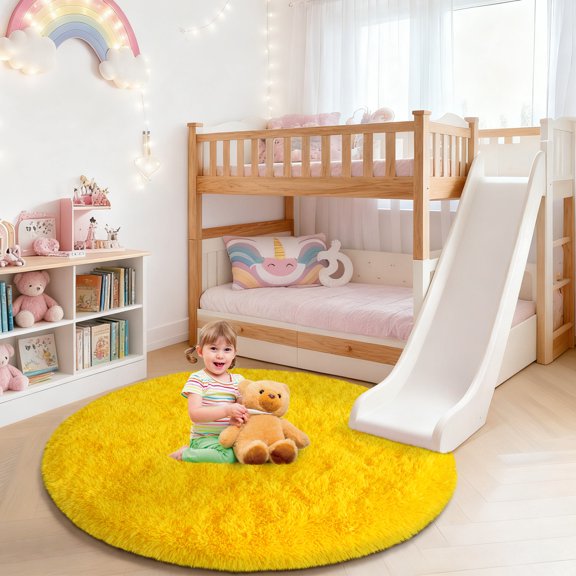 ASPILLOW Fluffy Shaggy Bedside Round Rug,Fuzzy Plush Indoor Floor Circular Carpet for Living Room Bedroom Kids Room Nursery,4ft Yellow