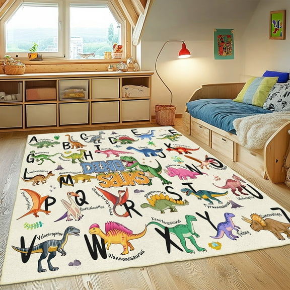 ASPILLOW Kids Educational Rug,Soft Non-Slip Play Mat Rug for Crawling & Fun,Washable Foldable Rug for Learning ABC Alphabet, Funny Dinosaurs,4x5ft