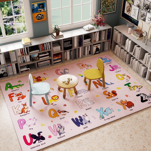 ASPILLOW Kids Educational Rugs for Playroom,5x7ft Non Slip Washable Cartoon Animal Carpet for Children Nursery Toddler Room Decor,Pink