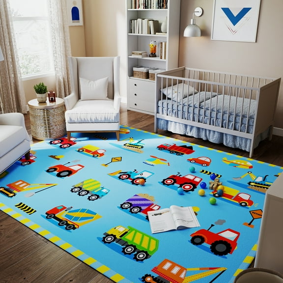 ASPILLOW Kids Rug,Blue Car Fun Kid Rug Playmat,Non-Slip Washable Playroom Carpet, Soft Durable Area Rug for Bedroom Classroom Kids Room,4x5ft
