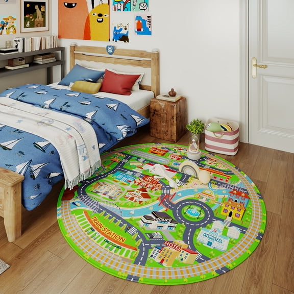 ASPILLOW Kids Rug Playmat, Non-Slip Washable Road Traffic Floor Area Carpet,City Map Round Rug for Playroom Classroom Kids Room,47inch