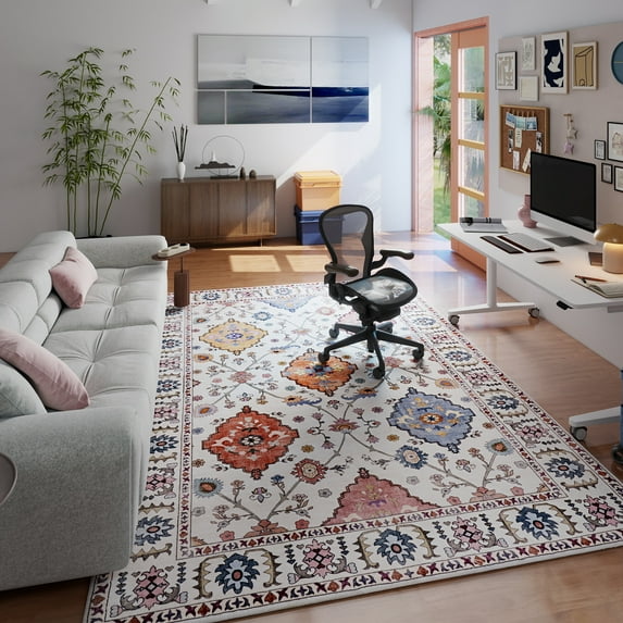 ASPILLOW Machine Washable Area Rug 5x7 Beige Soft Stain Resistant Print Carpet for Living Room Dining Room Bedroom Den
