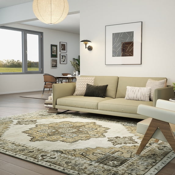 ASPILLOW Machine Washable Area Rug 5x7 Brown Soft Anti-slip Carpet Vintage Inspired Distressed Low Pile for Living Room Dining Room Bedroom Den