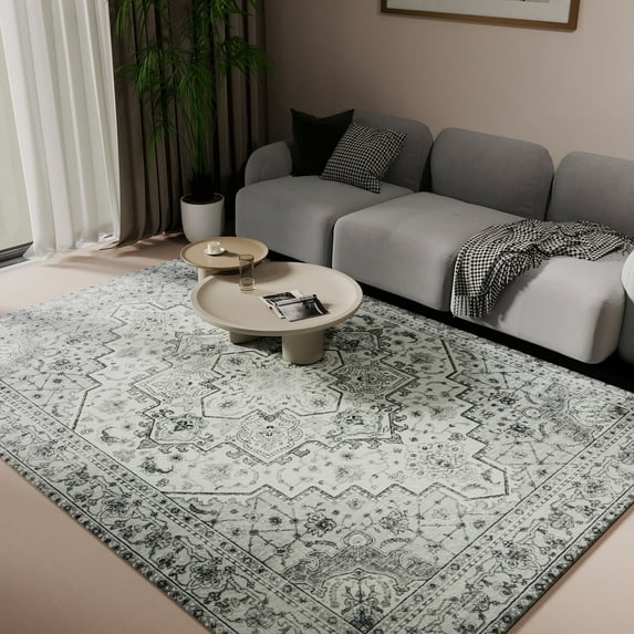 ASPILLOW Machine Washable Area Rug 5x7 Gray Soft Stain Resistant Bohemian Print Carpet for Living Room Dining Room Bedroom Den