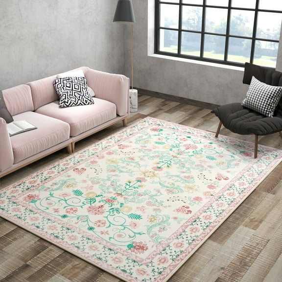 ASPILLOW Machine Washable Area Rug 5x7 Pink Soft Stain Resistant Print Carpet for Living Room Dining Room Bedroom Den