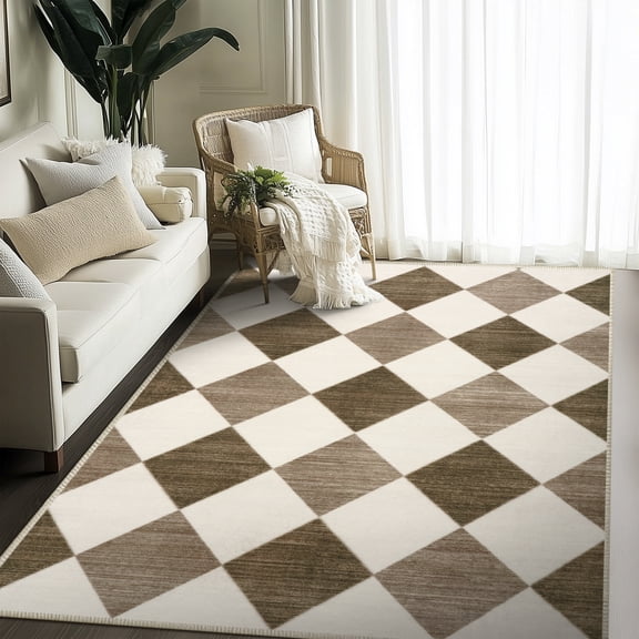 ASPILLOW Machine Washable Area Rug 5x7 Soft Stain Resistant Modern Plaid Print Carpet for Living Room Dining Room Bedroom Den,Apricot-brown