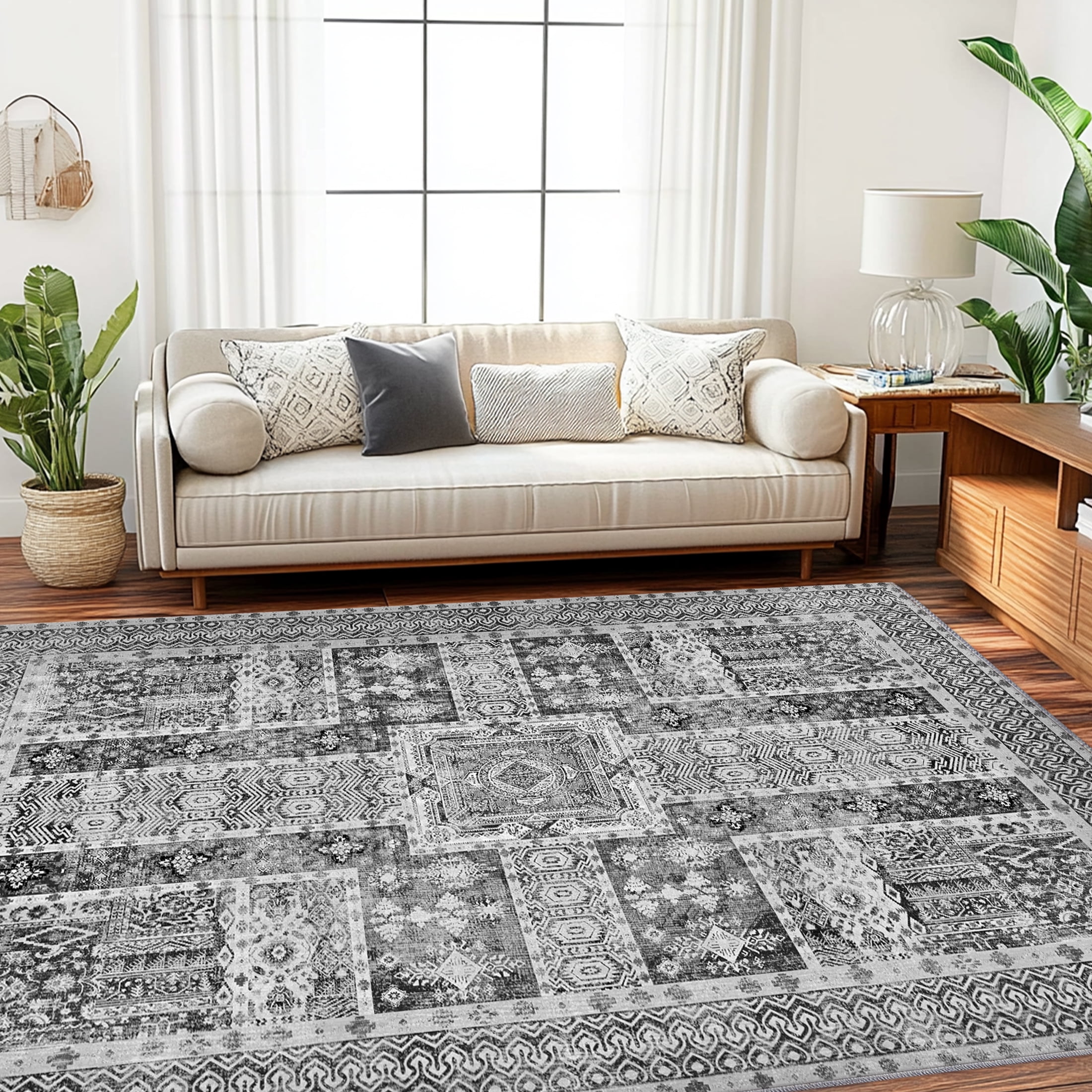 Gray Floral Synthetic Washable 6' x 9' Area Rug