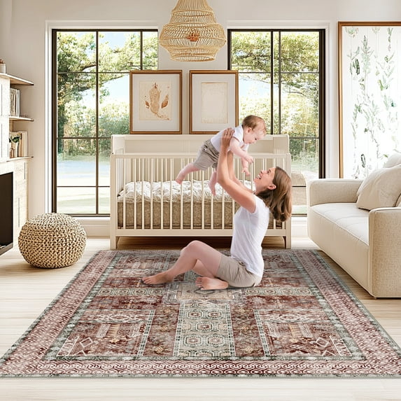 ASPILLOW Machine Washable Rug,6x9 Low Pile Vintage Carpet for Living Room, Bedroom, Dining Room Rust Red