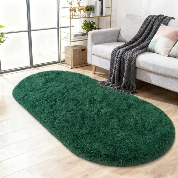 ASPILLOW Oval Fluffy Area Rugs for Bedroom Plush Shaggy Carpet for Kids Room Bedside Nursery Mats, 2.6' x 5.3', Dark Green
