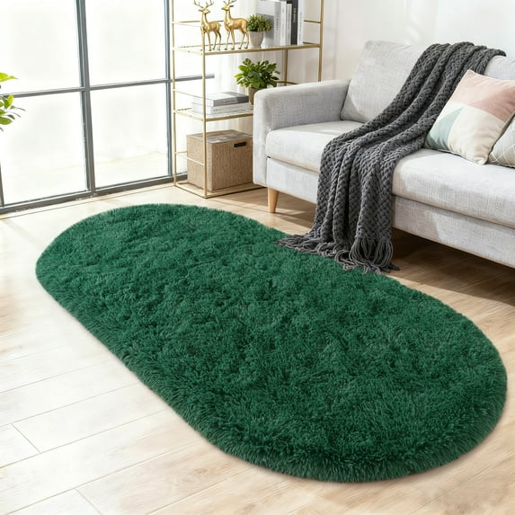 ASPILLOW Oval Fluffy Rug,Extra Comfy Cute Bedside Carpet for Kids Room Dorm Cute Fuzzy Indoor Decor,2.6x5.3ft Dark Green