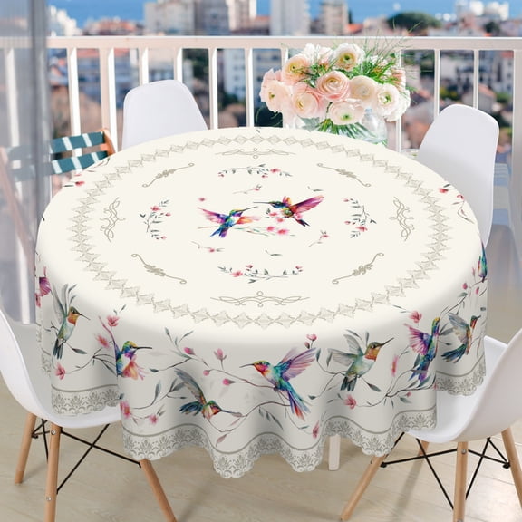 ASPILLOW Round Tablecloth 60 inch Watercolor Hummingbird Floral Lace Border Waterproof Polyester Table Cover for Patio Garden Decor
