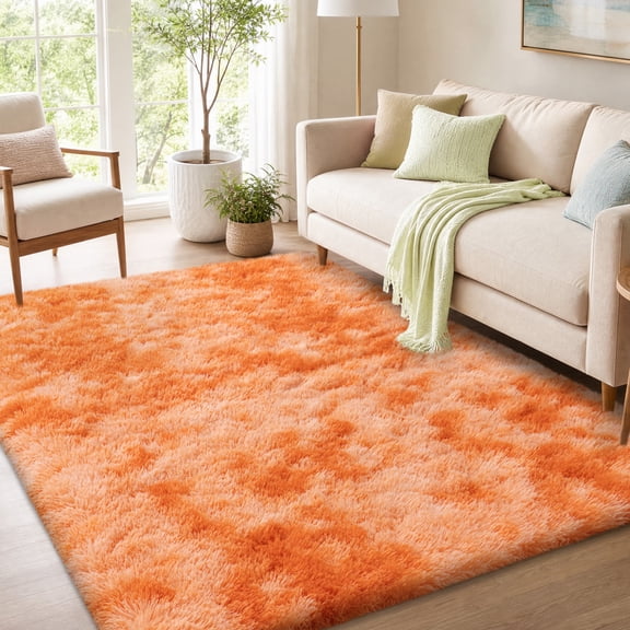ASPILLOW Shag Area Rug, 4x6ft Fluffy Carpet, Non-Slip Area Rugs for Bedroom Hallway Bedside Dorm in Tie-Dyed Orange