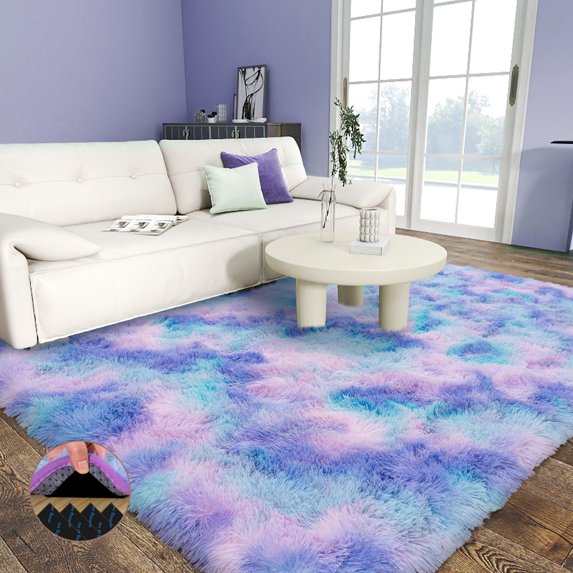 ASPILLOW Soft Fluffy Shaggy Bedside Rug,5x7 Fuzzy Plush Indoor Floor Carpet for Living Room Bedroom Room,Tie-dye Blue Rainbow