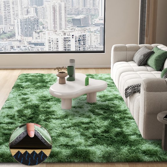 ASPILLOW Soft Fluffy Shaggy Bedside Rug,5x7 Fuzzy Plush Indoor Floor Carpet for Living Room Bedroom Room,Tie-dye Dark Green