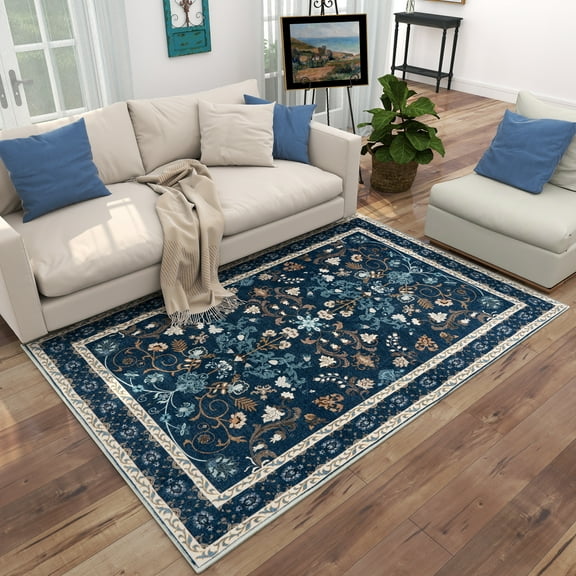 ASPILLOW Washable Rug 4x6 Dark Blue Soft Accent Rugs Foldable Low Pile Dark BlueCarpet for Dining Family Room Foyer Apartment Den