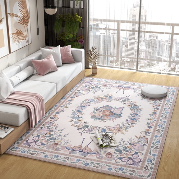 ASPILLOW Washable Rug 4x6 Pink Soft Accent Rugs Foldable Low Pile Butterfly Print Carpet for Dining Family Room Foyer Apartment Den