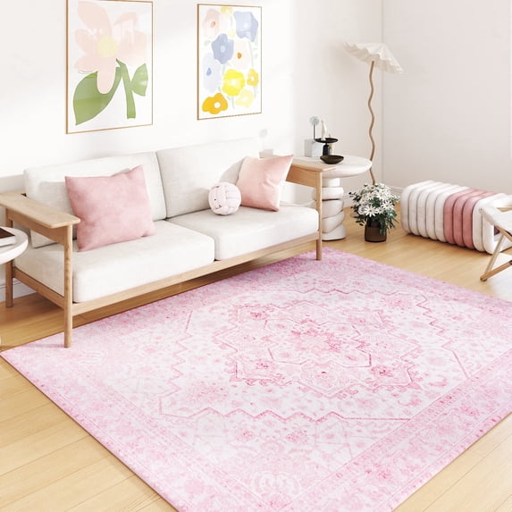 ASPILLOW Washable Area Rug 4x6 Pink Soft Bohemian Foldable Low Pile Carpet for Dining Family Room Foyer Apartment