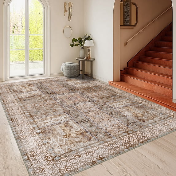 ASPILLOW Washable Rug, 4x6 Soft Accent Vintage Low Pile Carpet for Dining Family Room Foyer Apartment Den Light Brown