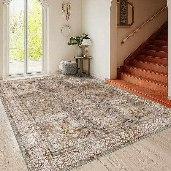 ASPILLOW Washable Rug, 4x6 Soft Accent Vintage Low Pile Carpet for Dining Family Room Foyer Apartment Den Light Brown