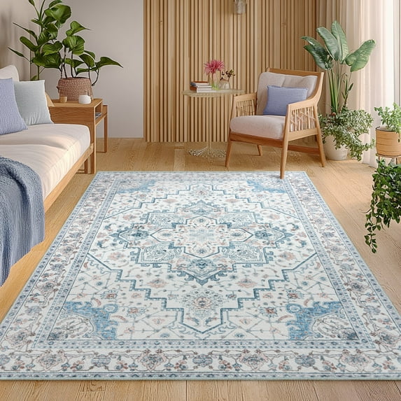 ASPILLOW Washable Rug 4x6 Soft Bohemian Accent Rugs Foldable Low Pile Carpet for Dining Family Room Foyer Apartment Den,Blue-gray