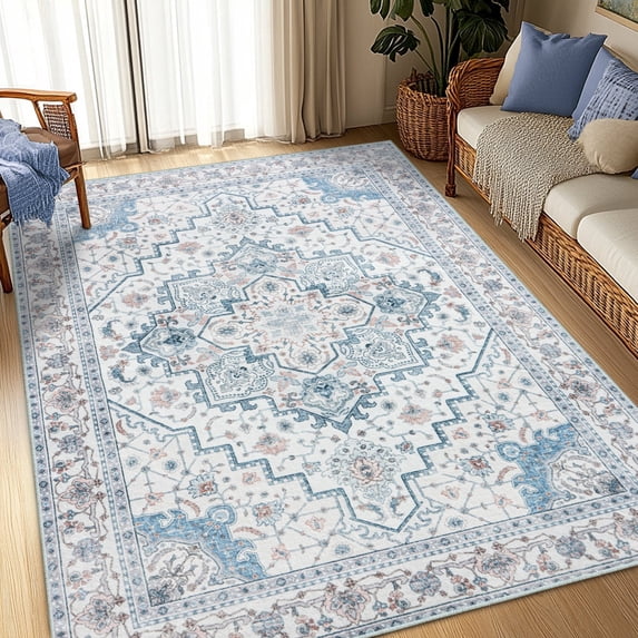 ASPILLOW Washable Area Rug for Living Room, 6x9 Bohemian Soft Non Shedding Low Pile Carpet for Dining Room Bedroom Den,Blue-gray