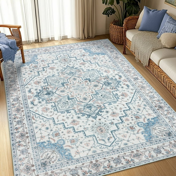 ASPILLOW Washable Rug for Living Room, 6x9 Bohemian Soft Non Shedding Low Pile Carpet for Dining Room Bedroom Den,Blue-gray