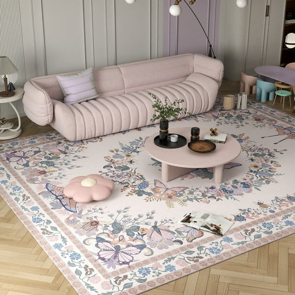 ASPILLOW Washable Rug for Living Room, 6x9 Soft Non Shedding Low Pile Carpet for Dining Room Bedroom Den,Pink Butterfly Print