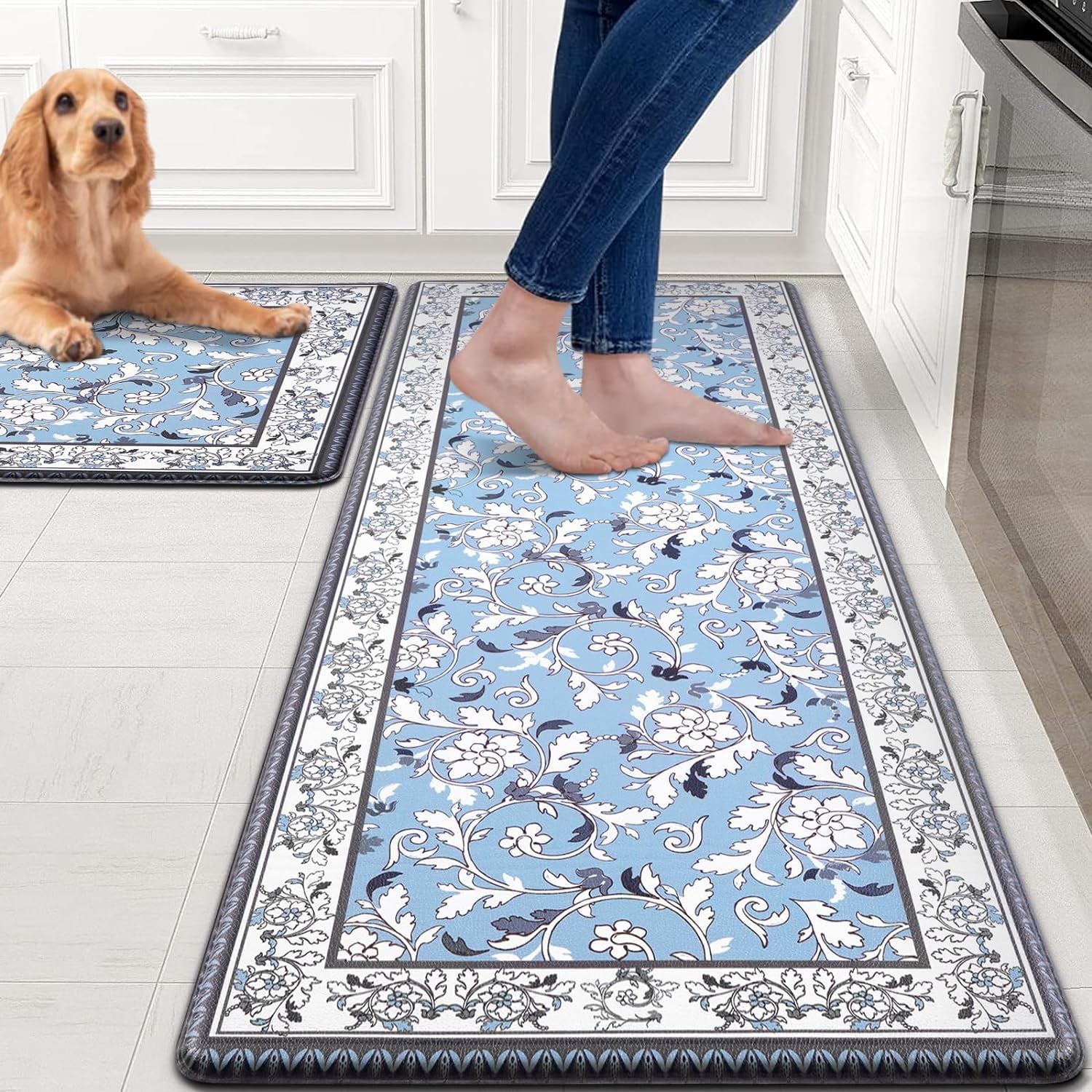 ASPMIZ Kitchen Floor Mats , Blue Boho Kitchen Mats for Floor Anti Fatigue, Memory Foam Kitchen