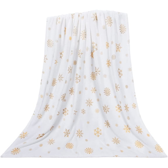 ASPMIZ Merry Christmas Throw Blanket, White Winter Carpet Blanket for Couch, Gold Snowflake Plush Flannel Blanket for Adult Kids, Large Warm Bed Napping Blanket for Sofa Bedroom Xmas Decor, 50" x 60"