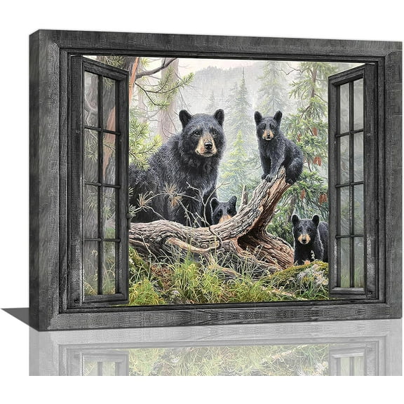ASPORIC Black Bear Wall Art Window Animal Canvas Prints Forest Bears Pictures Painting Framed Artwork Office Home Decor for Bathroom Bedroom Dining Living Room Kitchen Unframed 20x24 Inch