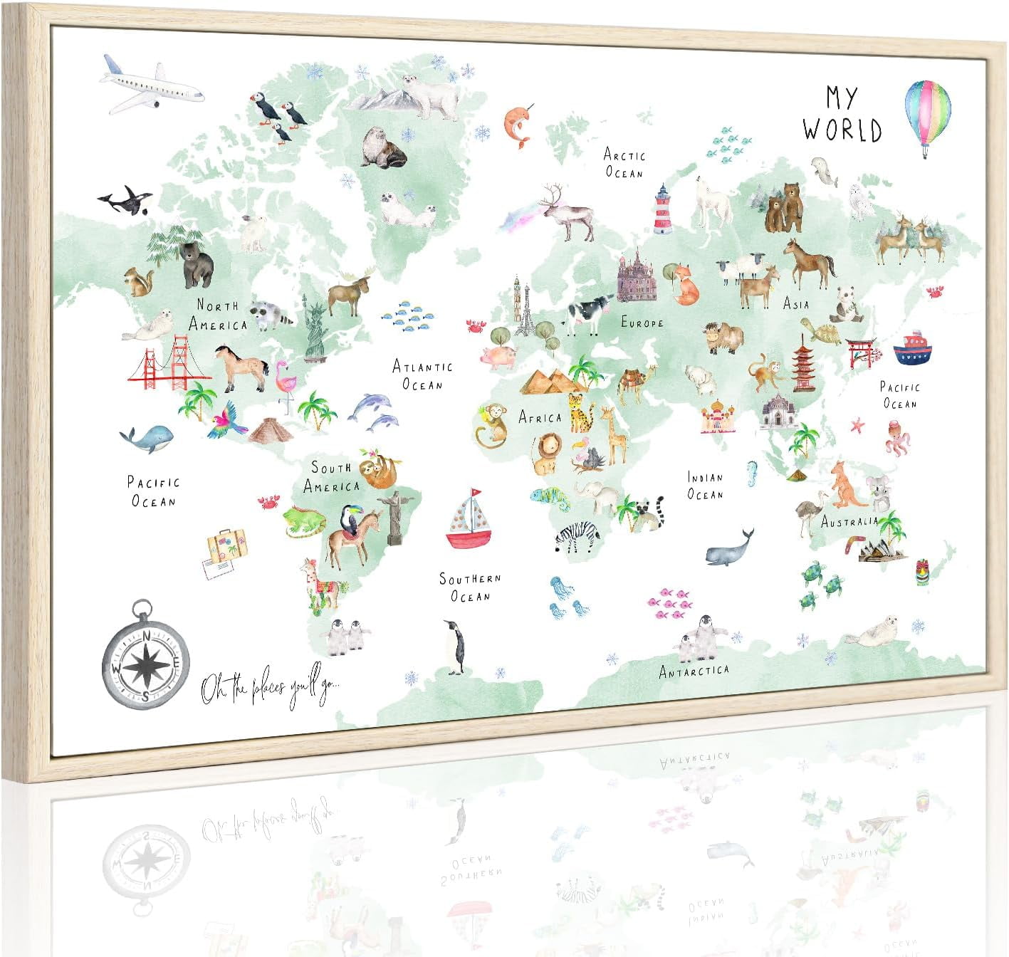 ASPORIC Green Kids World Map Wall Art Animal Map Canvas Wall Art ...