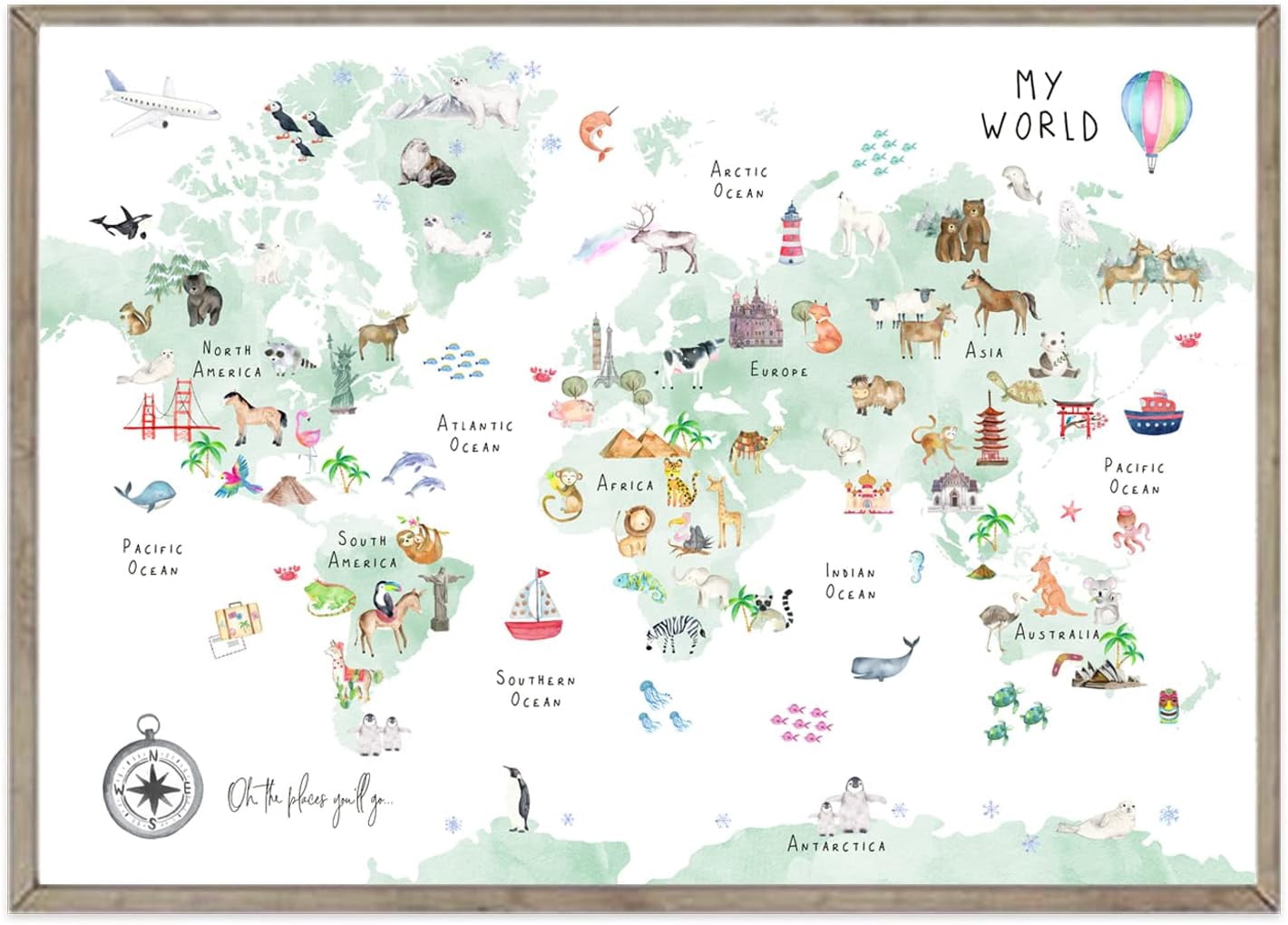 ASPORIC Green Kids World Map Wall Art Animal Map Canvas Wall Art ...