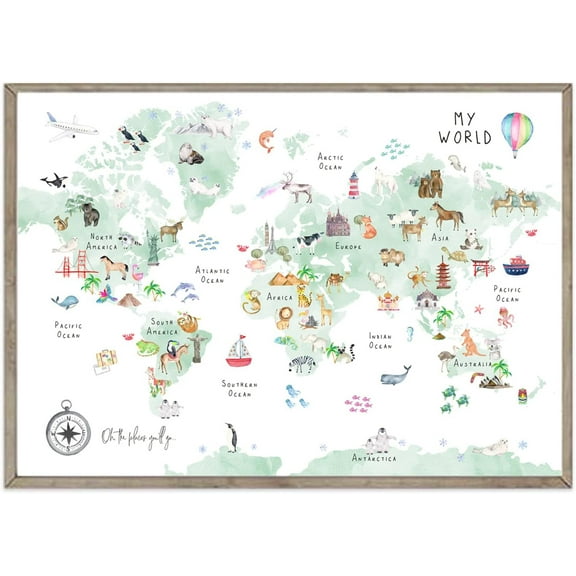 ASPORIC Green Kids World Map Wall Art Animal Map Canvas Wall Art Educational Wall Art Nursery Wall Decor World Map Poster Childrens Room Decor Playroom Prints Posters (Unframed 20x16 inches)