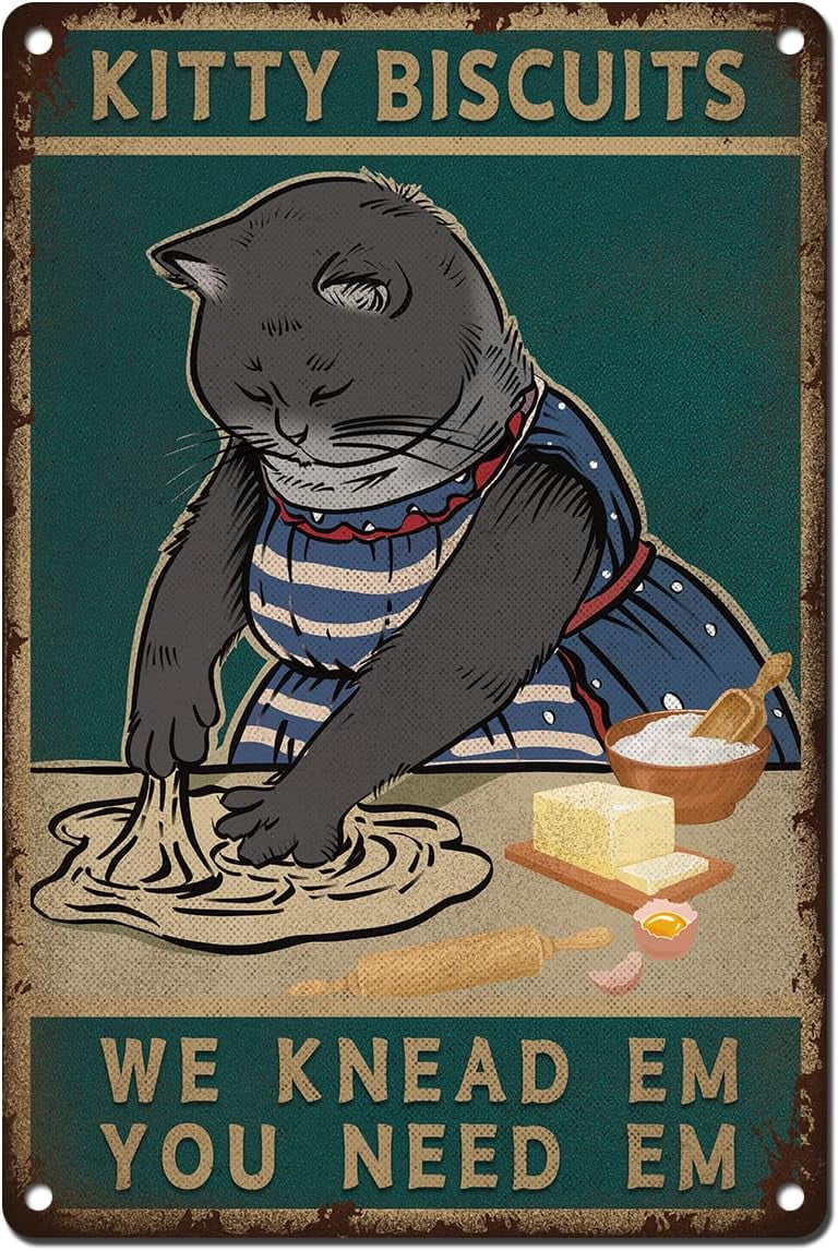 Vintage Blechschild – Schwarze Katze Mit Spruch „We Knead Em You Need Em“, 30,5 X 20,3 Cm, Für Küche & Wohnung