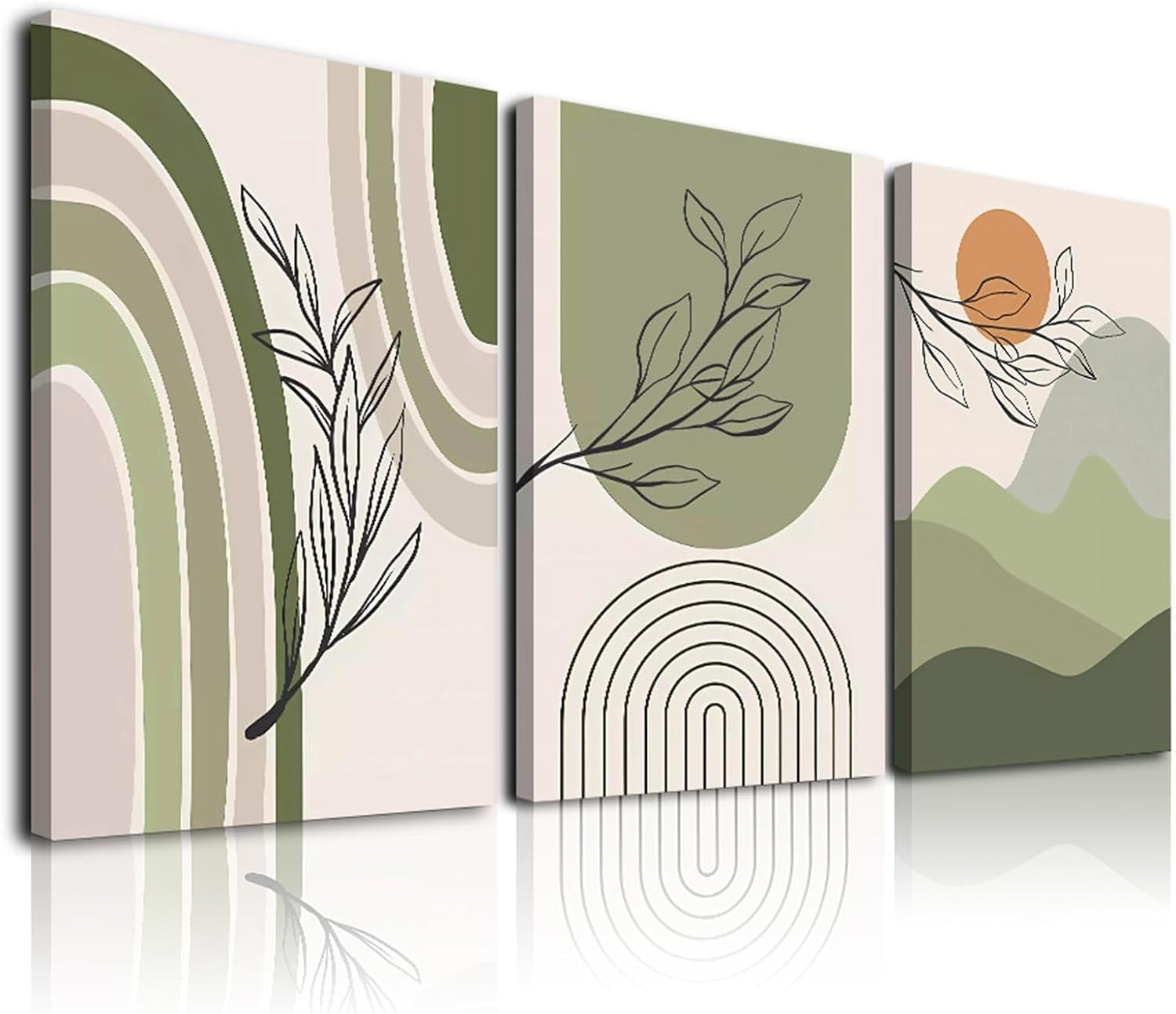 ASPORIC Sage Green Boho Wall Art Set of 3, Minimalist Boho Wall Decor