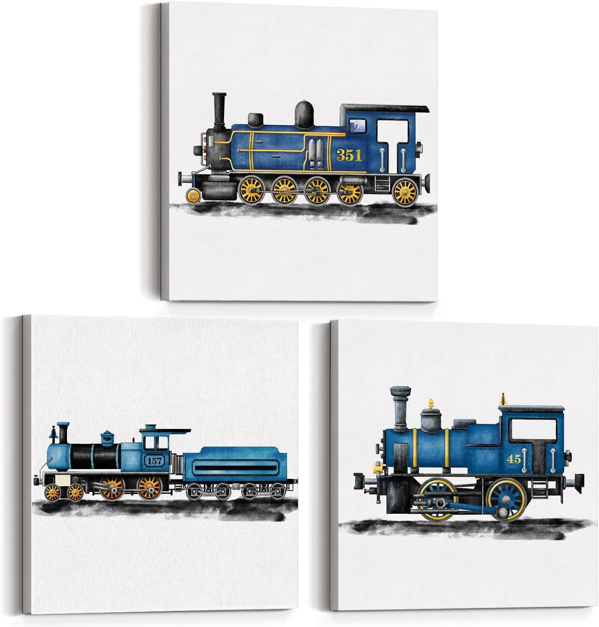 ASPORIC Set of 3 Blue Steam Train Nursery Vehicle Art Posters Canvas ...