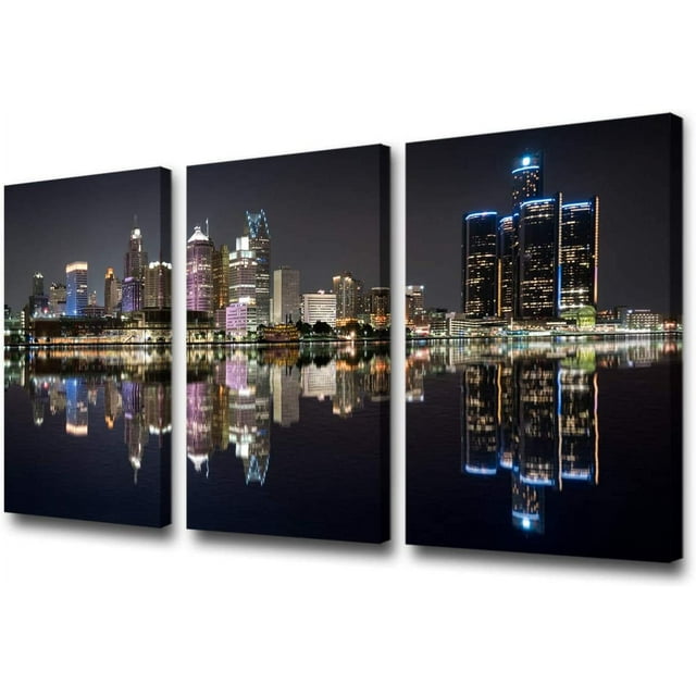 ASPORIC Wall Art Beautiful Detroit Skyline Black & White Canvas Art ...