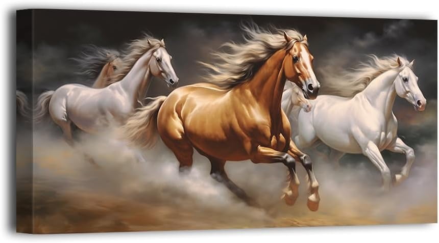 White Horse Canvas Wall Art - 24x48 Inch Grey & Blue Horse Painting, Modern Home Decor For Living Room, Bedroom
