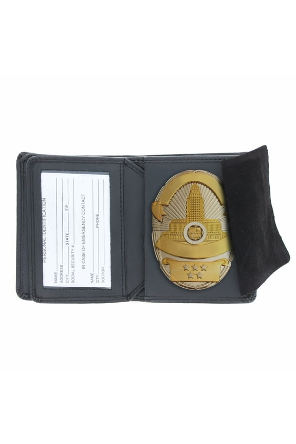 Black Leather Bifold RFID Wallet Police Badge Holder with Removable ID Card Holder, Oval