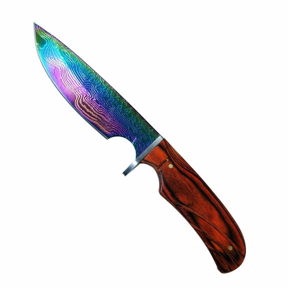 ASR Outdoor 10 Inch Full Tang Hunting Knife Wooden Handle Damascus Rainbow Blade